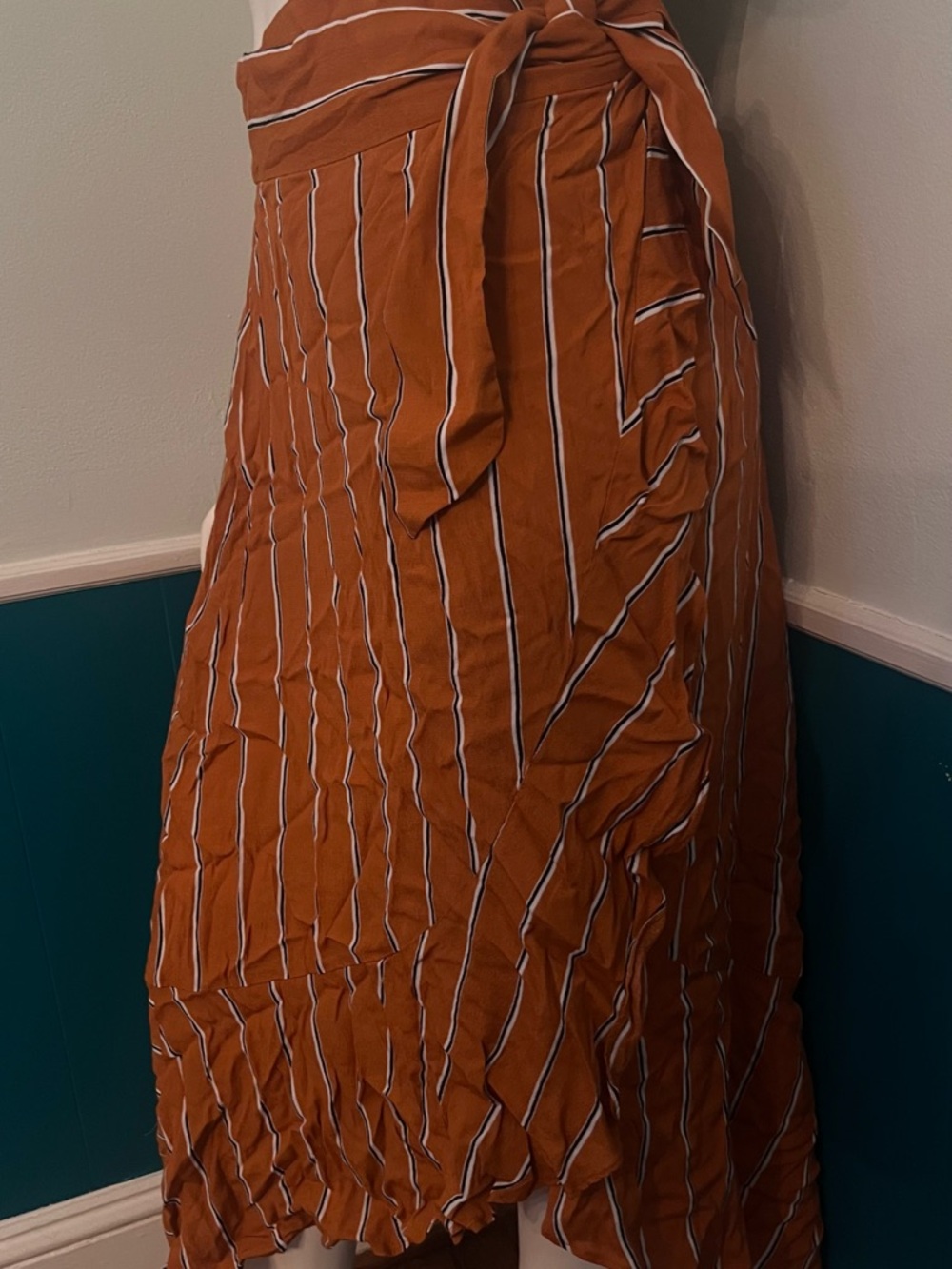 Rust Striped Ruffle Wrap Midi Skirt - Picture 5 of 6